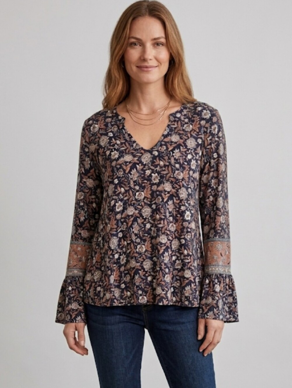 Lucky Brand Navy Floral Print Long Bell Sleeve Top Blouse Size L EUC